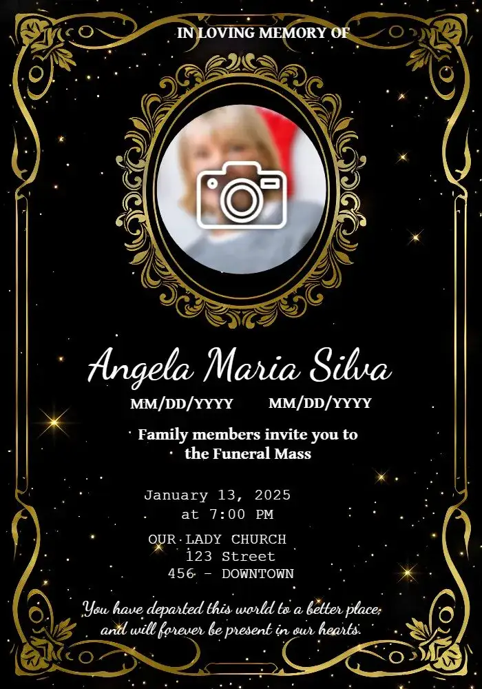 Invitation Funeral Mass With Photo Mourning – Commemorative Dates theme black, golden, white, minimalist, elegant, subtle