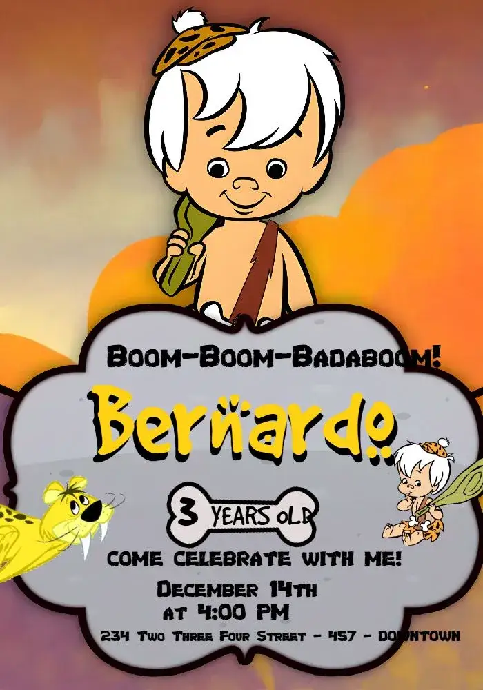 Invitation Bambam Flintstones Black – Kids' Birthday Party theme fun, colorful, Flintstones-themed, vintage, childlike, lively