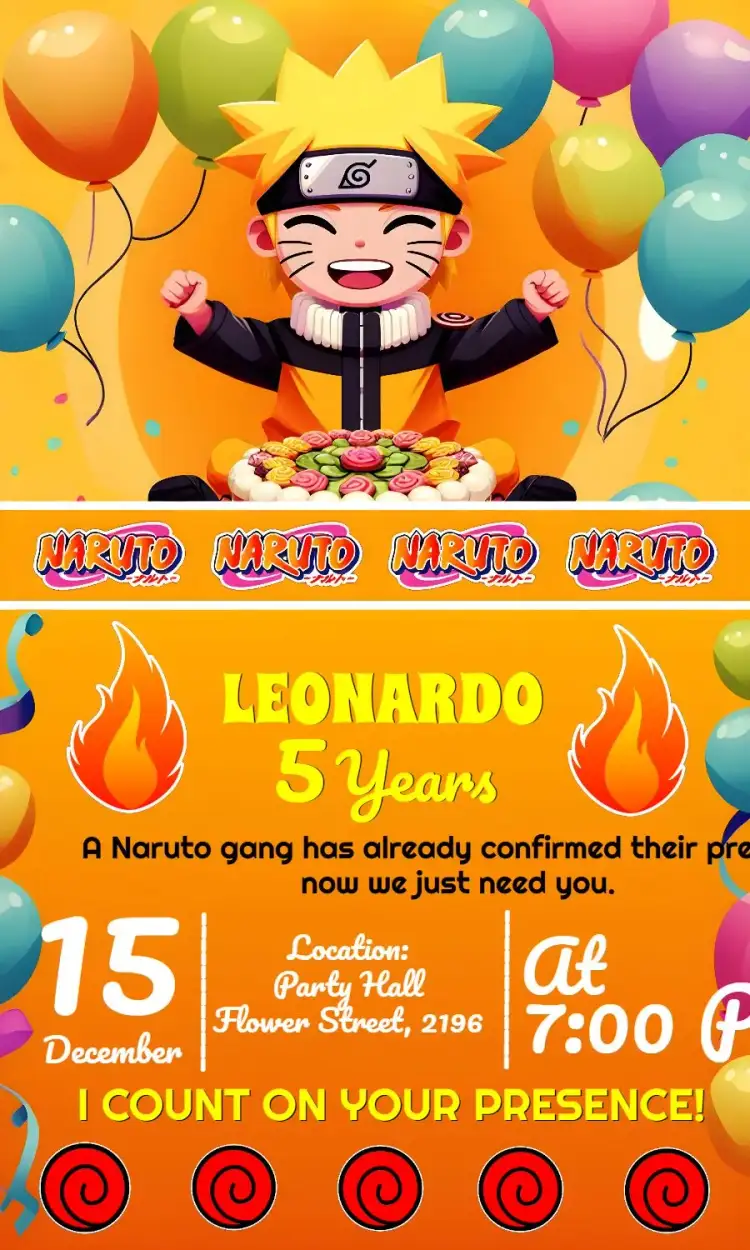 Invitation Naruto Anime – Kids' Birthday Party theme vibrant, ninja, anime, colorful, fun