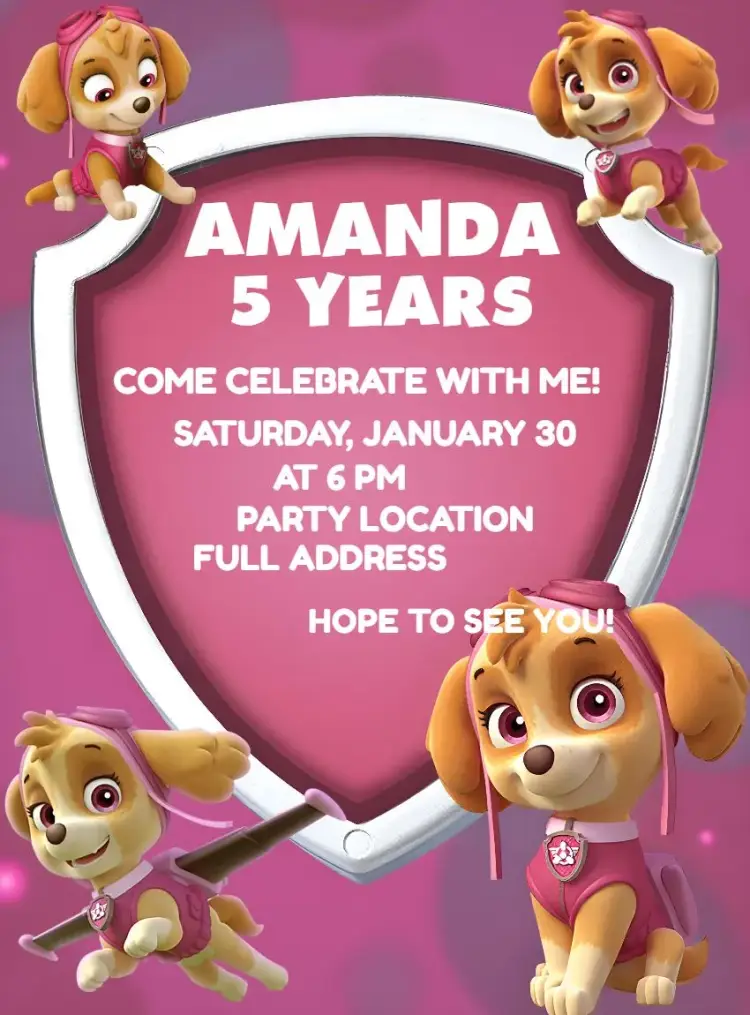 Skye Pink Paw Patrol invitation