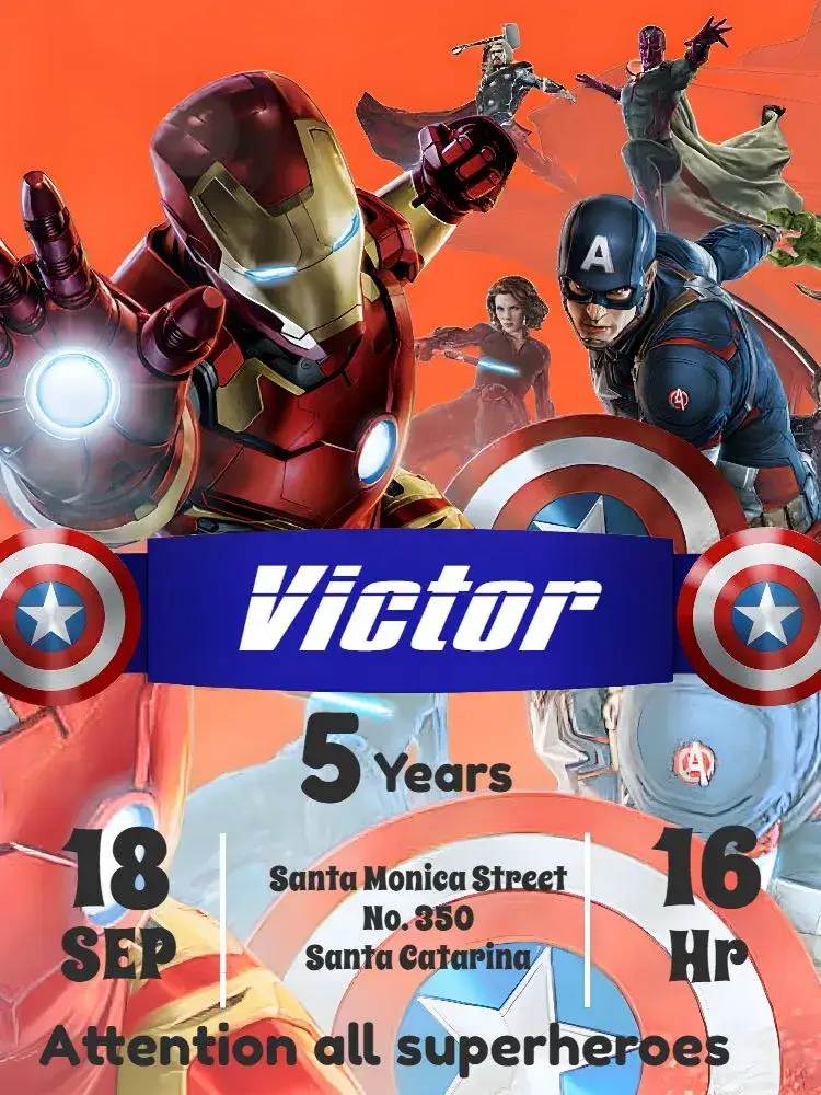 Invitation For Two Avengers Digital – Commemorative Dates theme superheroes, modern, themed, blue and black, fun, colorful