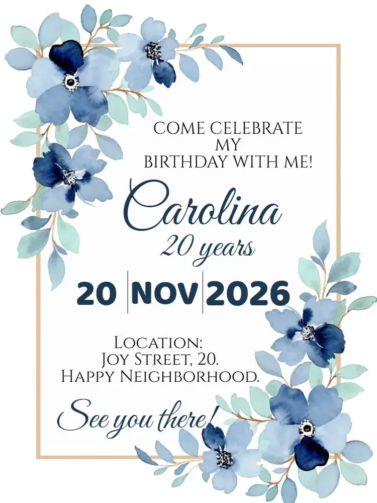 Invitation Blue Floral Birthday – Birthday theme floral, blue, golden, elegant, modern, vibrant
