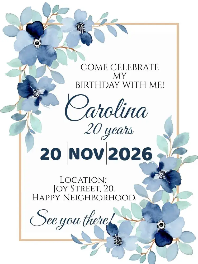 Invite Blue Floral Birthday editable and customizable