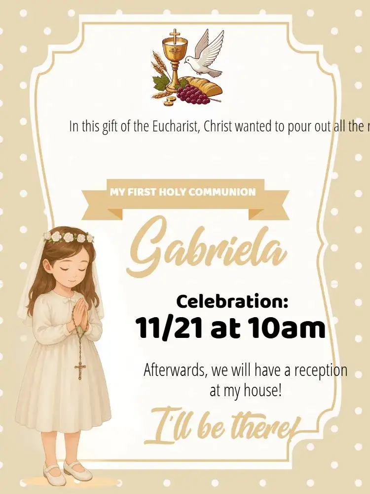 Invitation Eucharist First Communion Girl Altar Server – First Communion theme delicate, Catholic, floral, pastel, minimalist, modern