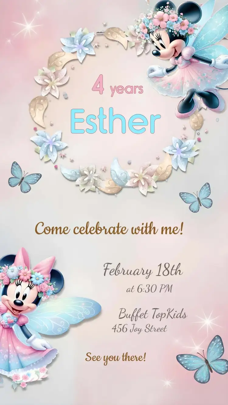 Invitation Minnie Mouse Fairy Garden Castle – Commemorative Dates theme colorful, fantastic, childish, playful, magical, nature-themed