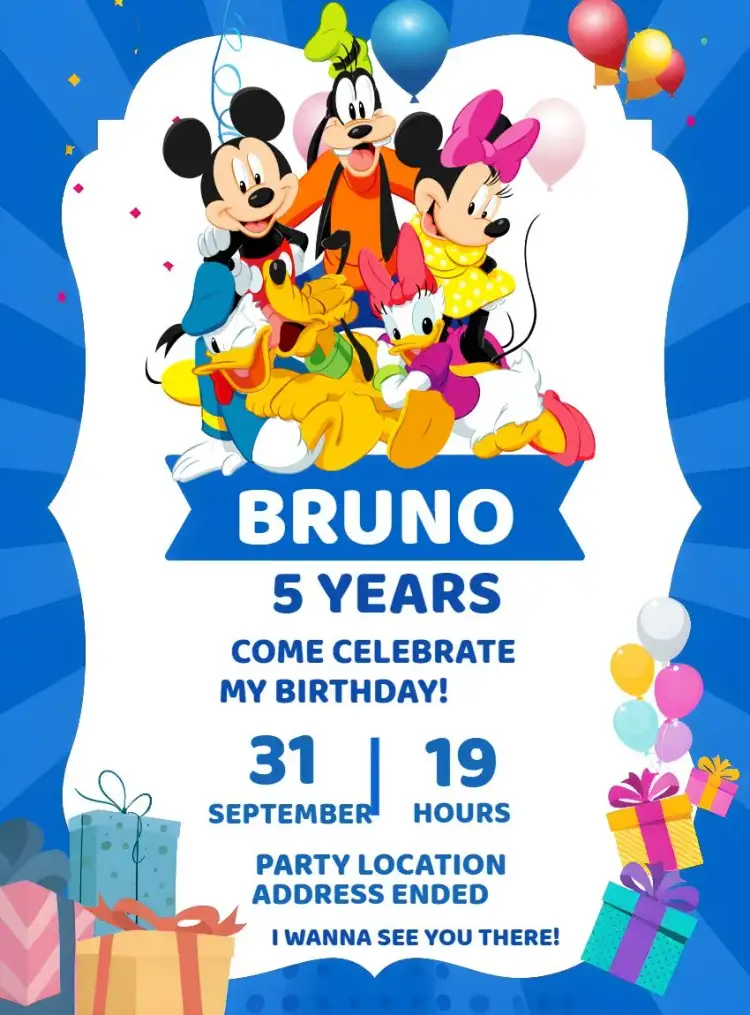 Invitation Mickey Mouse Donald's House – Kids' Birthday Party theme blue, themed, fun, colorful, childlike, Mickey Mouse