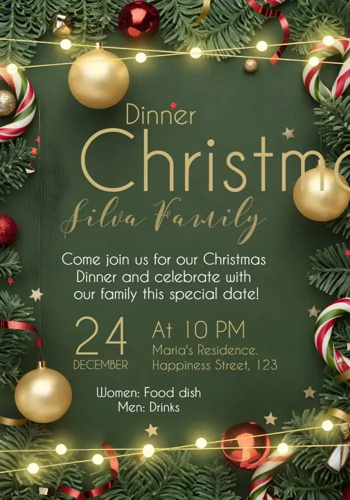 Invitation Christmas Dinner with Santa Claus – Commemorative Dates theme festive, colorful, noel, traditional, cheerful, inspired by Christmas