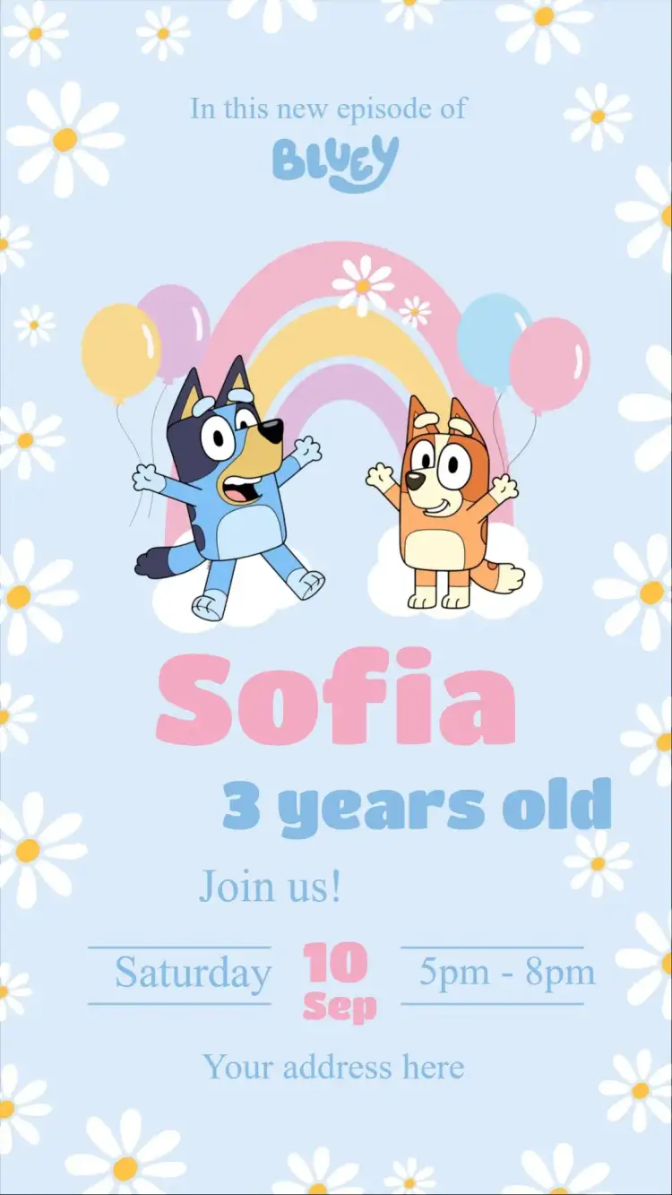 Invitation Bluey – Kids' Birthday Party theme colorful, fun, childish, themed, cheerful, modern