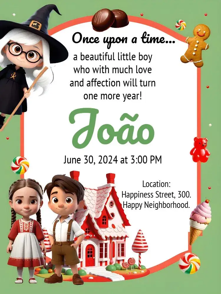 Invitation João And Maria Kids – Commemorative Dates theme colorful, magical, childlike, playful, fantasy, sweet