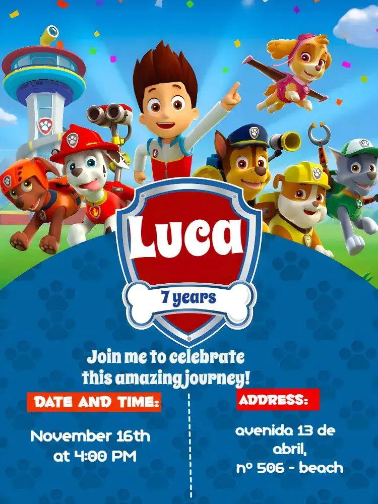 Invitation Blue Paw Patrol – Kids' Birthday Party theme colorful, fun, childish, themed, lively