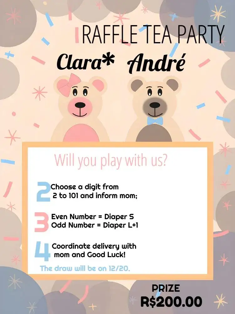 Invitation Tea Raffle Twin Bear Couple – Raffle Tea theme cute, childish, blue and white, teddy bears, fun, minimalist