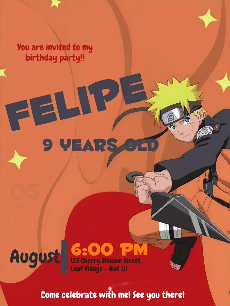 Invitation Naruto – Kids' Birthday Party theme colorful, anime, vibrant, adventure, heroes, youthful