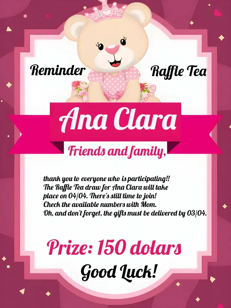 Invitation Princess Teddy Bear Diaper Shower Charge – Diaper Shower theme pink and white, graphic elements of a little bear, princess style, delicate and cute, modern vintage