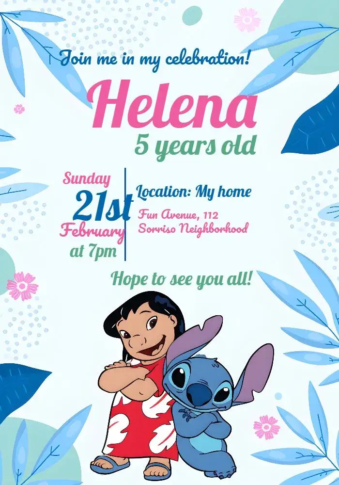 Invitation Lilo And Stitch Kids – Most searched for theme colorful, tropical, fun, childlike, playful, floral