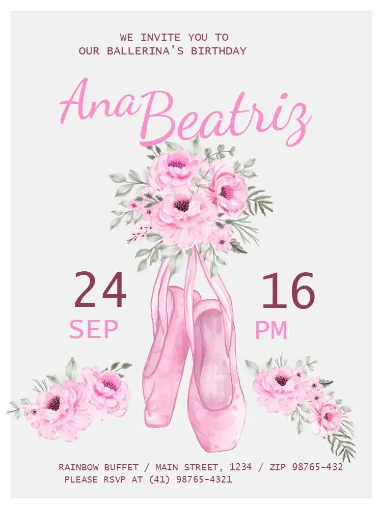 Invitation Floral Ballerina Meeting – Kids' Birthday Party theme floral, delicate, feminine, ballet, light pink, cheerful