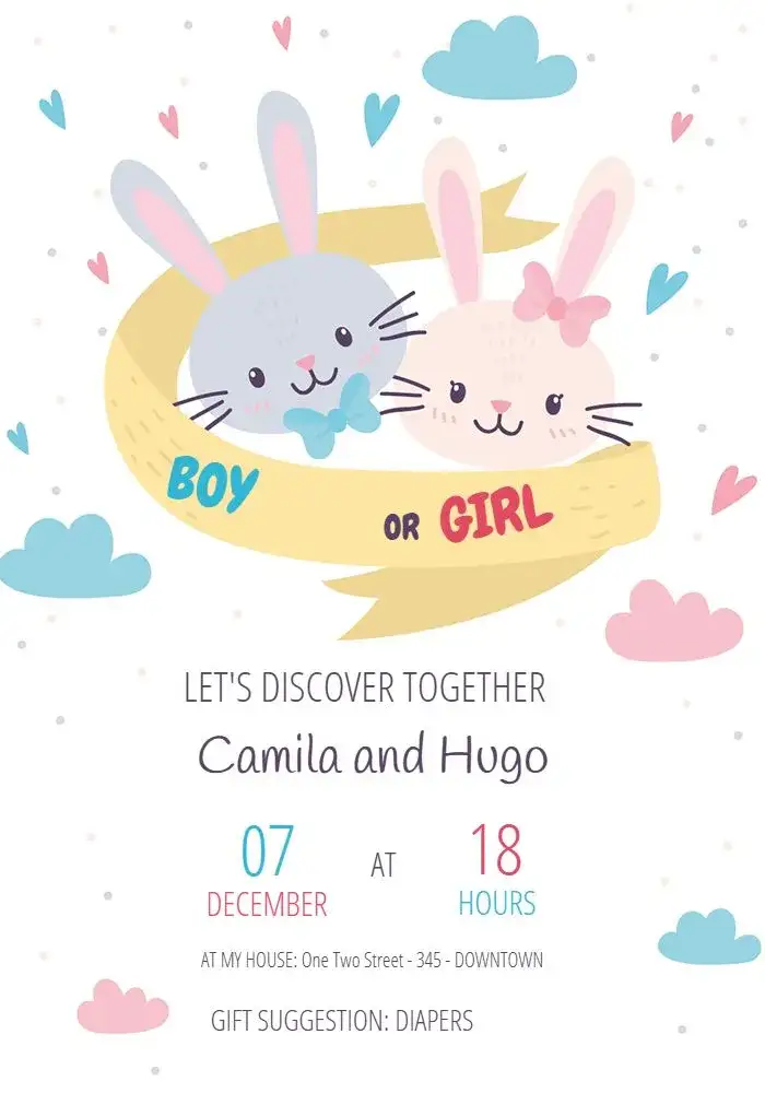 Invitation Princess Bunnies Gender Reveal Tea Party – Gender Reveal theme delicate, playful, colorful, childlike, modern, fun