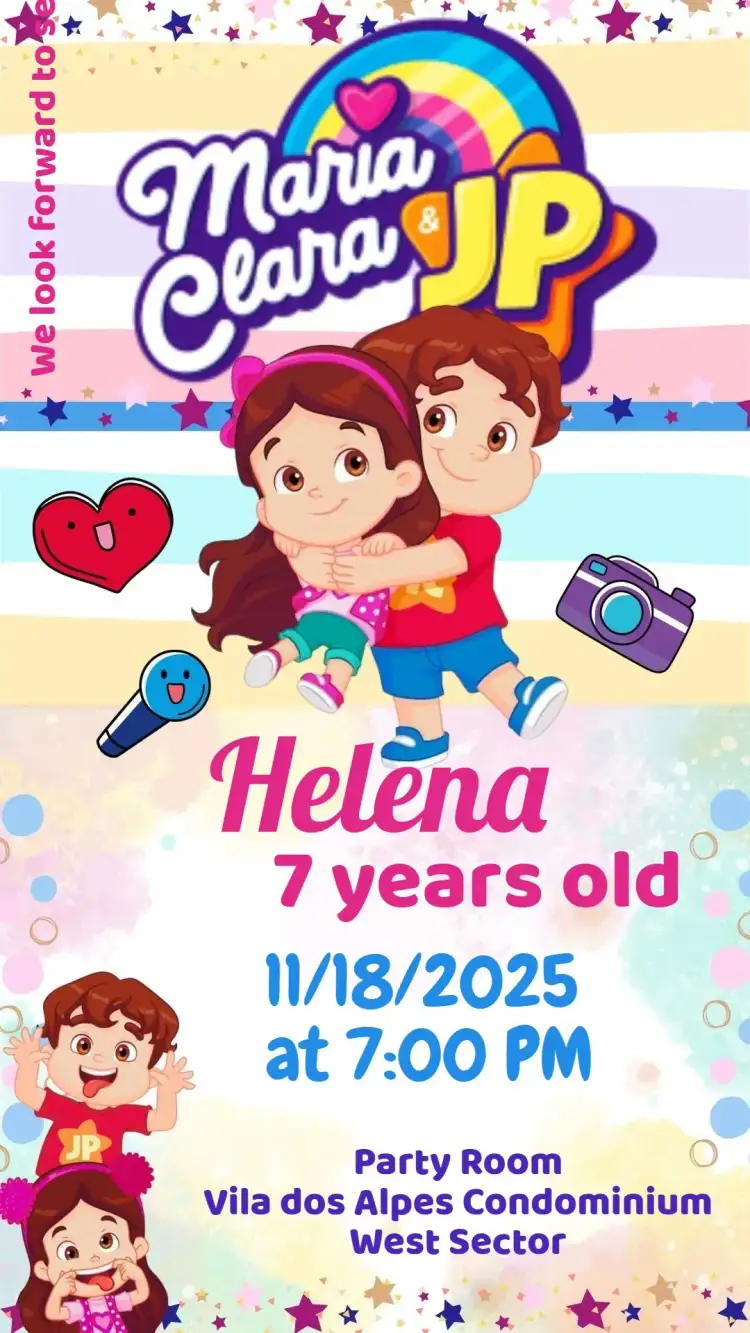 Invitation Maria Clara and JP – Kids' Birthday Party theme colorful, fun, themed, bright, childlike illustrations