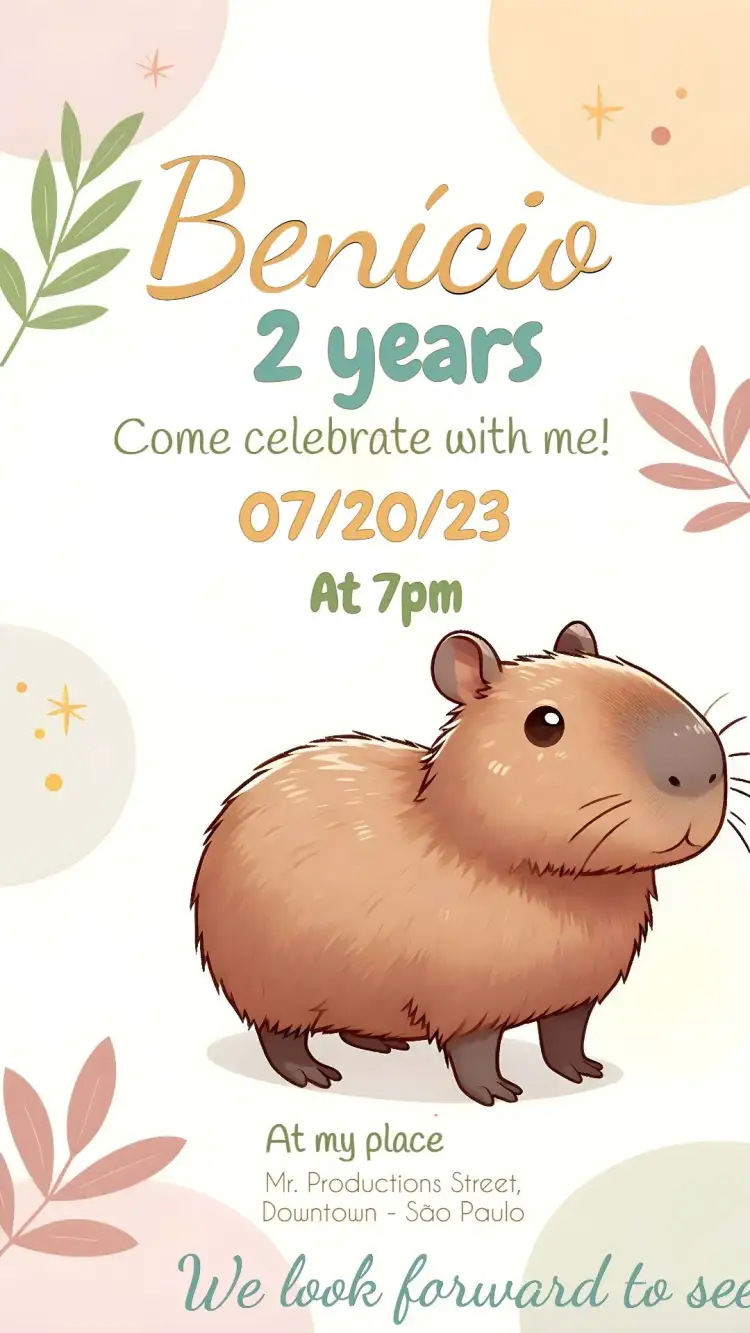 Invitation Colorful Capybara – Kids' Birthday Party theme colorful, playful, fun, childlike, animals, nature