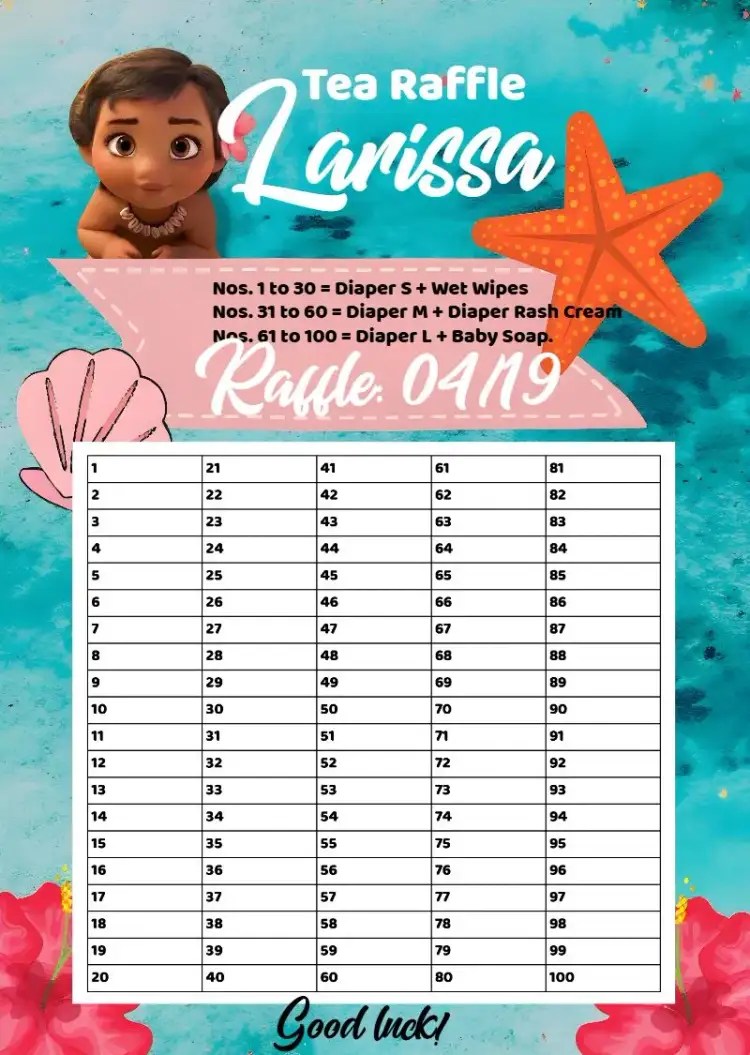Invitation Moana Diaper Raffle Tea Participants – Raffle Tea theme moana, tropical, colorful, fun-filled, childlike, navy