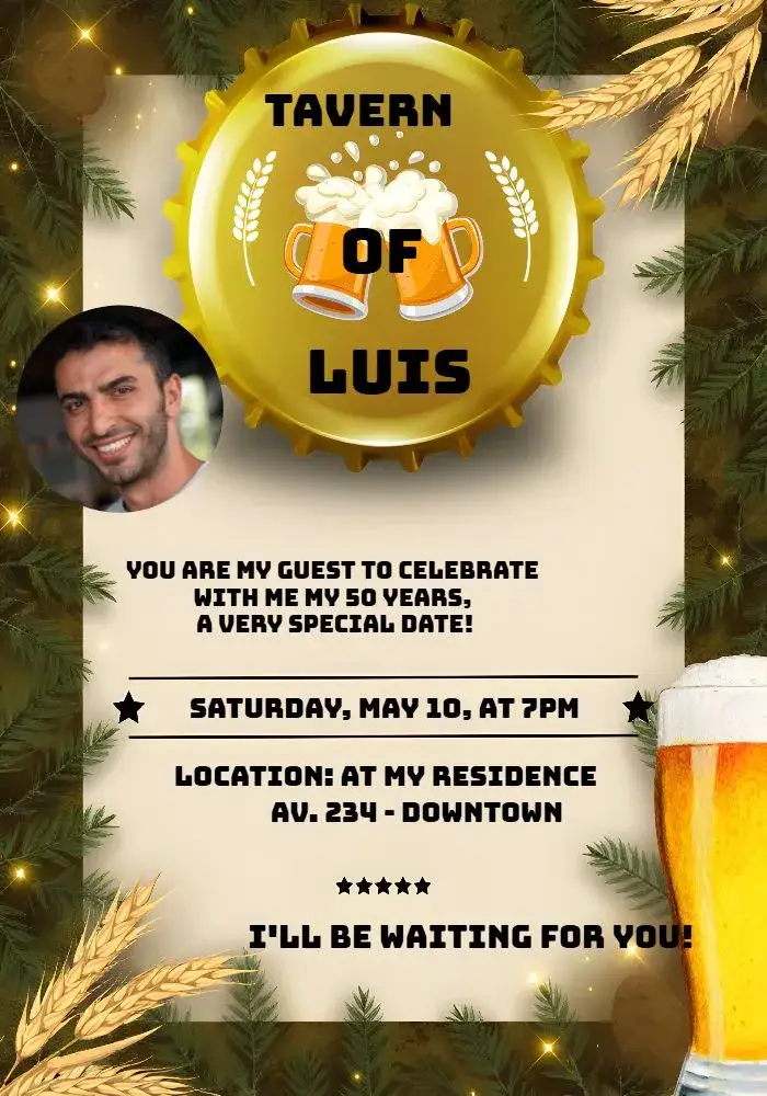 Invitation Blue Photo Pub – Birthday theme blue, checkered, pub-style, beer-themed, modern, casual