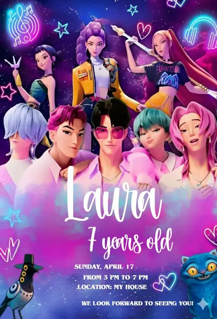 Invitation Warriors of Kpop 5 – Birthday theme colorful, modern, youthful, fun, illustrations of warrior women