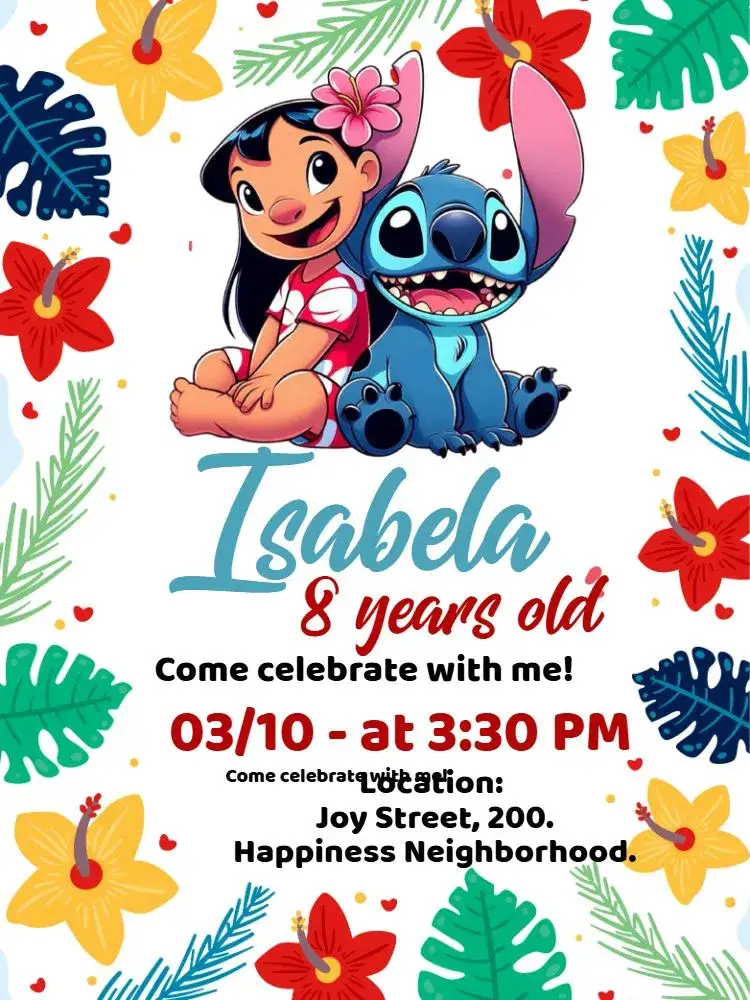 Invitation Lilo and Stitch Birthday – Kids' Birthday Party theme tropical, floral, colorful, fun, Disney, childlike