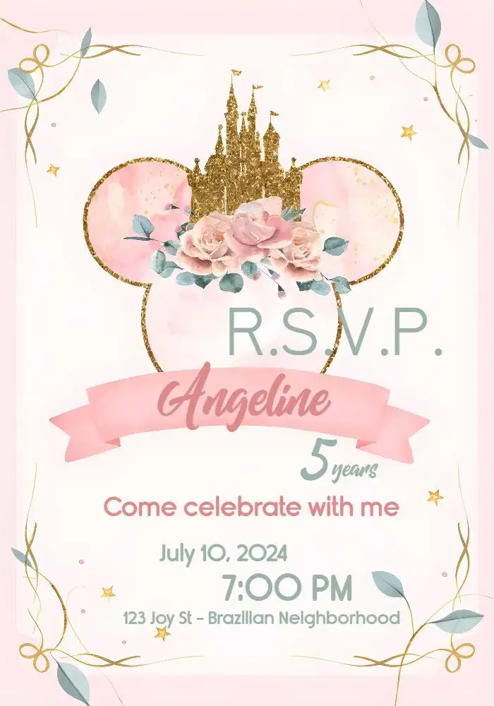 Invitation Minnie Mouse Castle Castle – Most searched for theme pink, golden, Disney, royalty, children's, fantasy