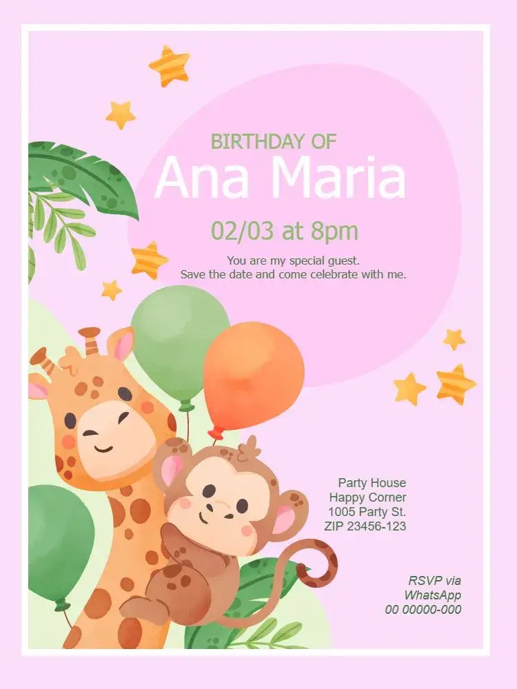 Pink Safari Kids Girl Animals invitation