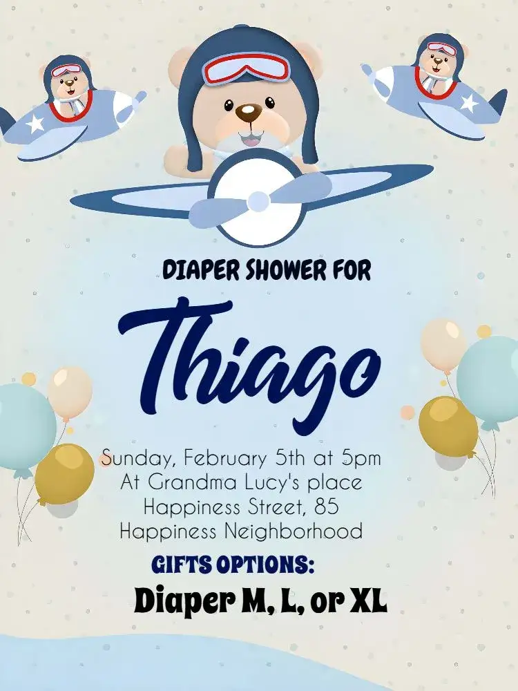 Invitation Diaper Shower Little Aviator Bear Airplane – Diaper Shower theme playful, childlike, airy, navy blue, teddy bear, vintage