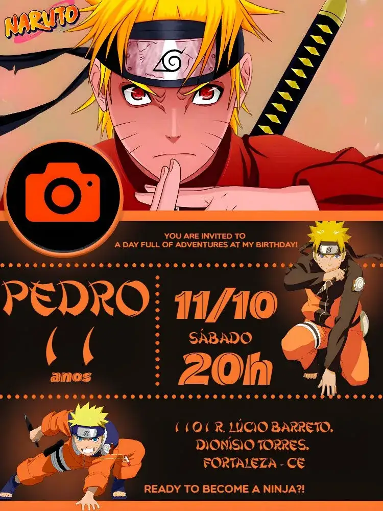Invitation Naruto With Black Photo – Kids' Birthday Party theme black, orange, red, manga, anime, modern