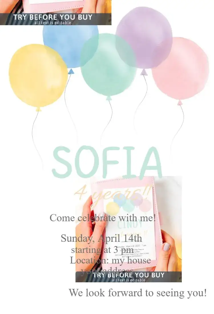 Invitation Balloons 1 – Birthday theme minimalist, pastel tones, watercolor, modern, fun