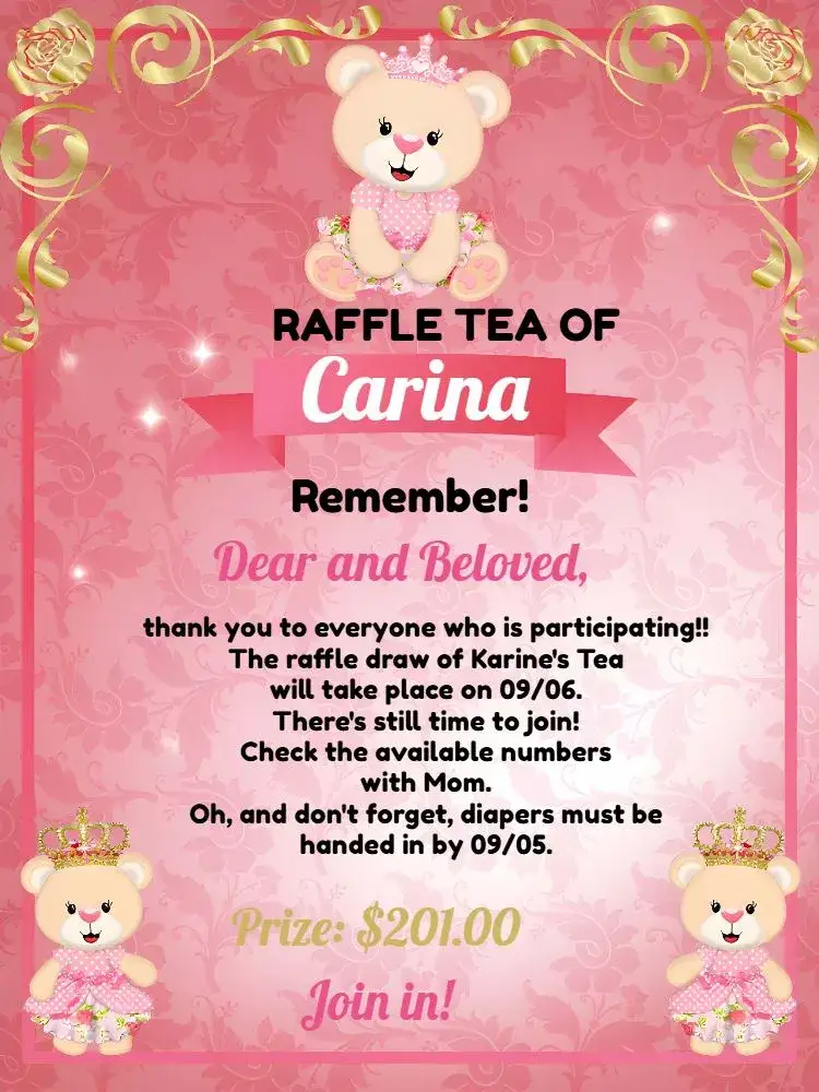 Invitation Reminder Tea Raffle Princess Teddy Bear Diapers – Raffle Tea theme pink, gold, white, princess, playful, fun