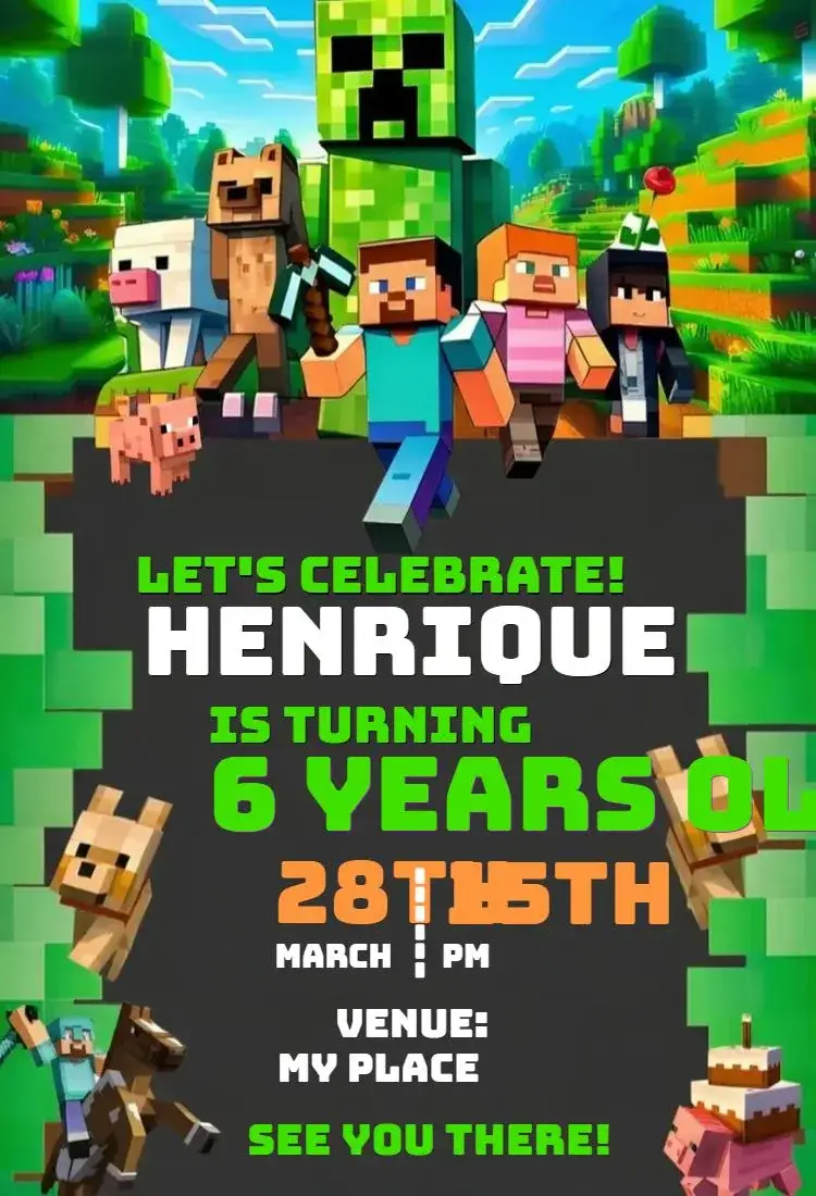 Invitation Minecraft 2 – Birthday theme colorful, games, fun, blocky, modern