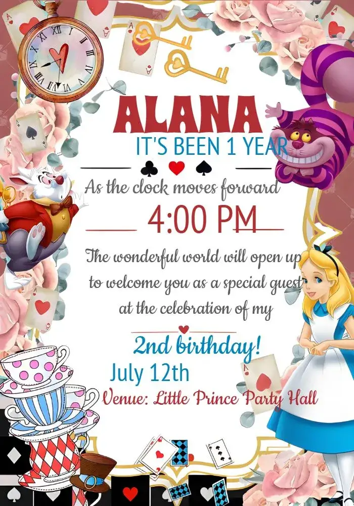 Invitation Alice In Wonderland Girl – Commemorative Dates theme vibrant colors, charming illustrations, playful style, storybook elements, magical design, childlike touch