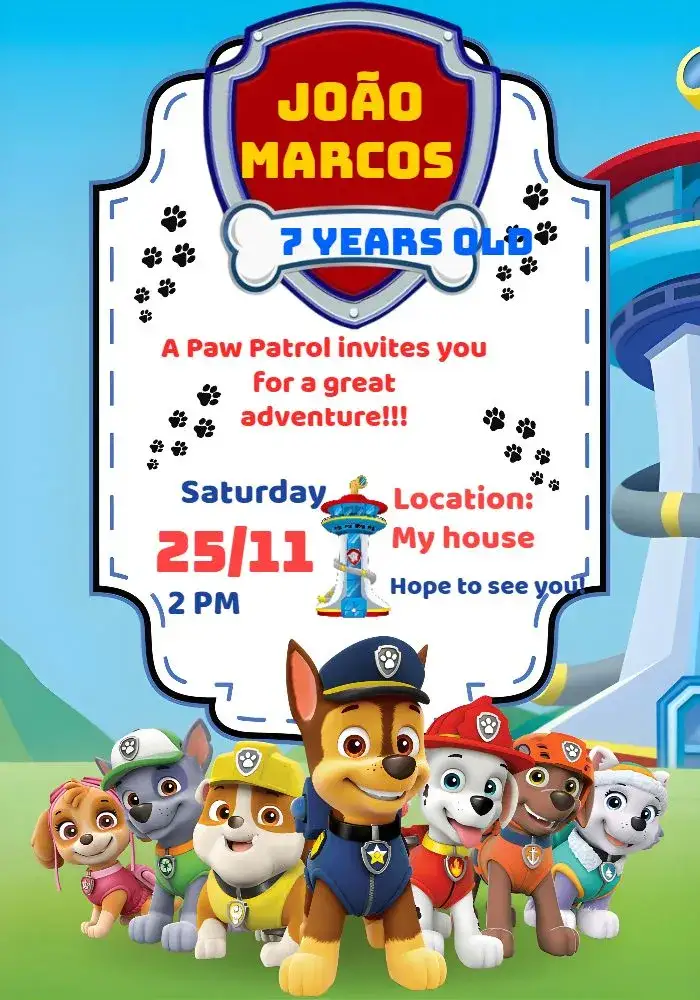 Invitation PAW Patrol Marshall – Kids' Birthday Party theme vibrant colors, children's animations, dog graphic elements, colorful background, adventure theme, fun style