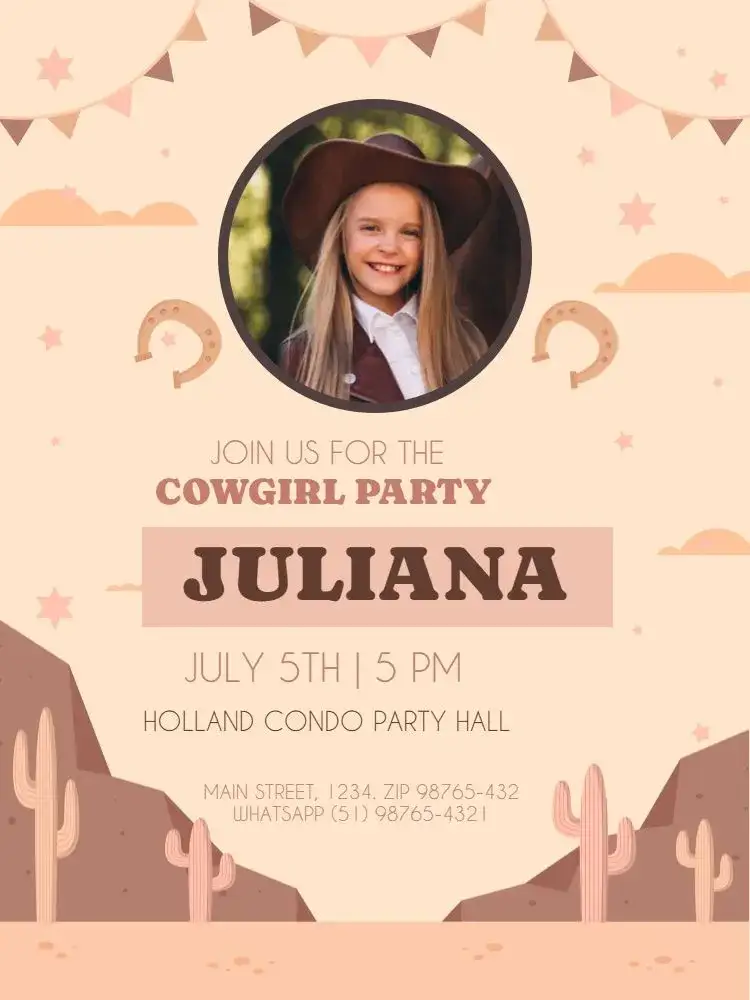 Invitation Boiadeira With Beige Photo Party – Kids' Birthday Party theme playful, farm, beige and brown, colorful, fun, thematic