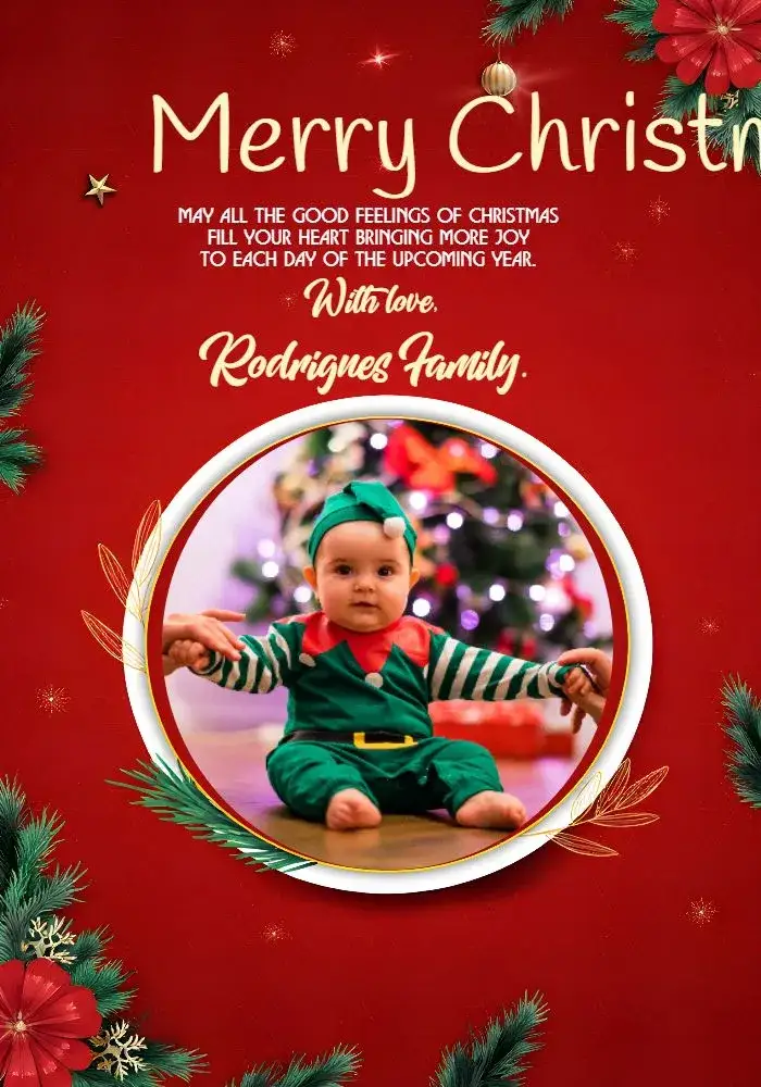 Invitation Christmas Card With Christmas Tree Photo – Commemorative Dates theme red and gold, modern, festive, snow, Christmas elements, vintage