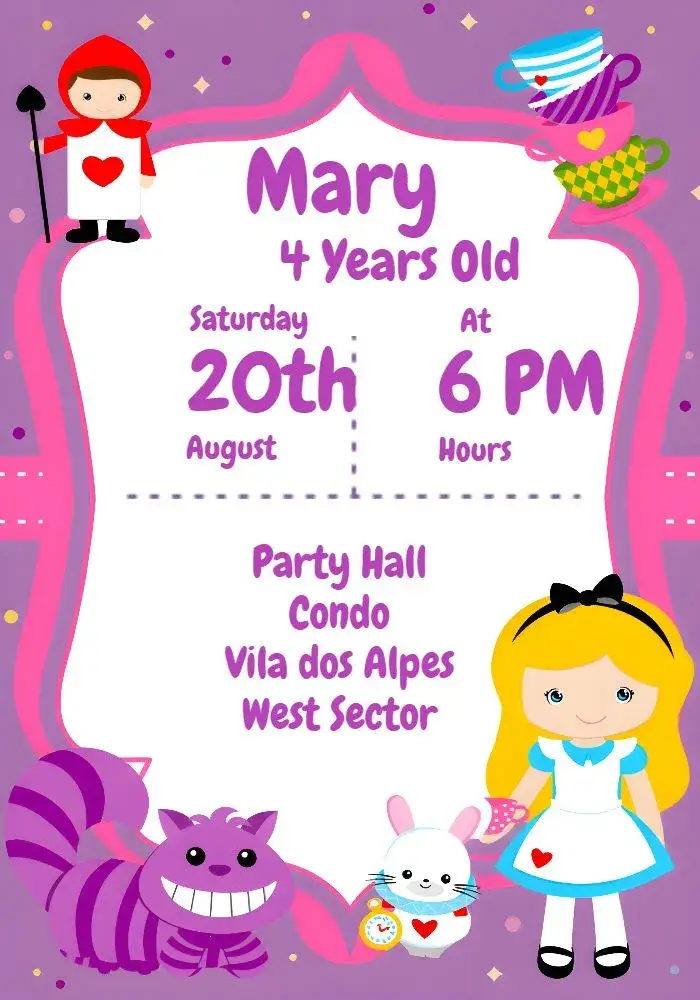 Invitation Alice In Wonderland Cat – Commemorative Dates theme colorful, playful, fantasy-themed, childlike, vintage, fun illustrations