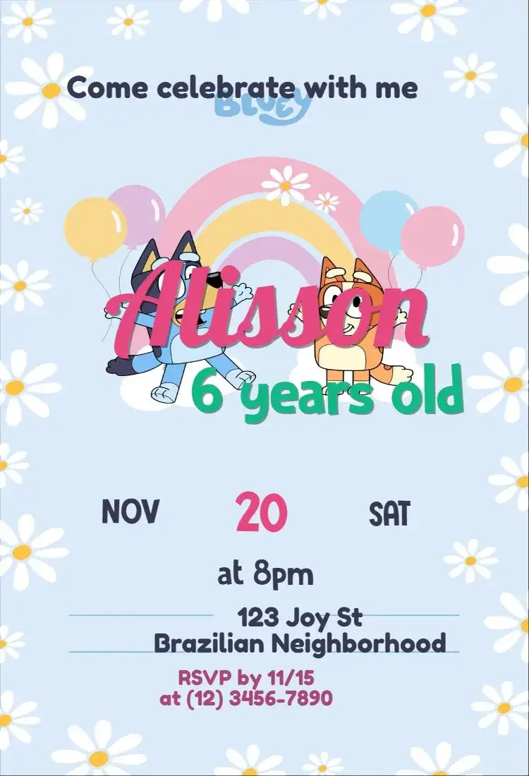 Invitation Bluey – Kids' Birthday Party theme colorful, fun, childish, themed, lively