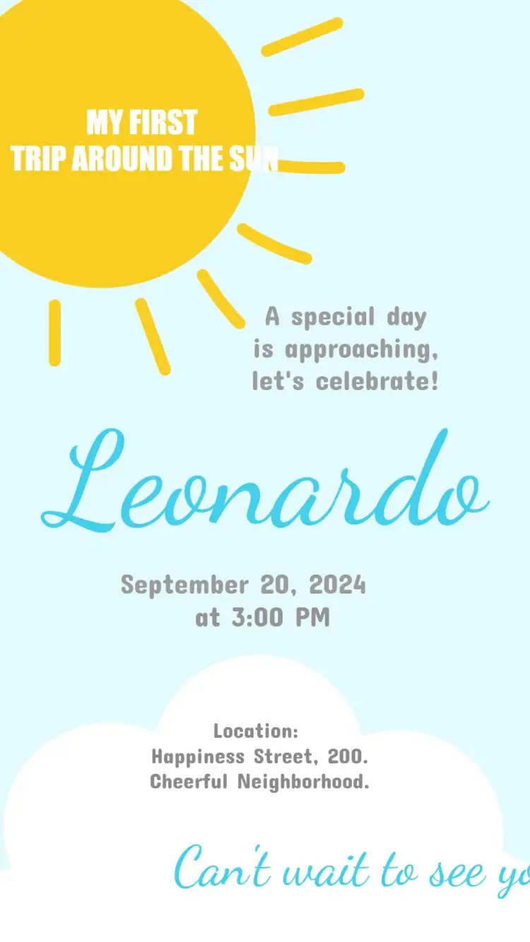 Invitation My First Turn Around the Sun Sky – First Communion theme blue sky, childish elements, clouds, sun rays, cheerful style