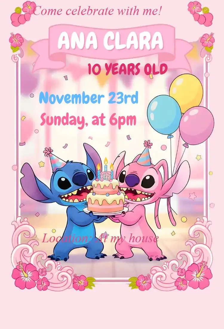 Invitation Digital invitation stitch and angel – Birthday theme kawaii, colorful, fun, modern, themed
