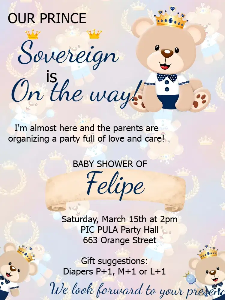 Invitation Baby Shower Prince Teddy Bear Tea – Gender Reveal theme blue, yellow, black, modern, childish, crowns
