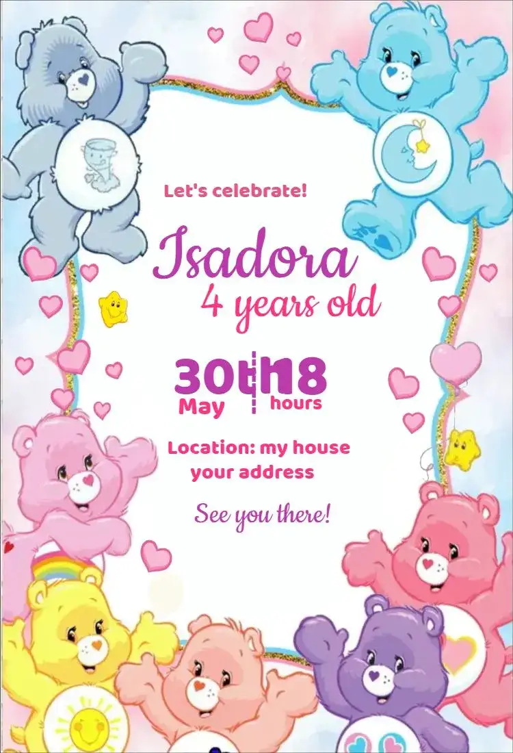 Invitation Care Bears 2 – Kids' Birthday Party theme candy color, pastel shades, cute teddy bears, childlike illustrations, playful style, cheerful design