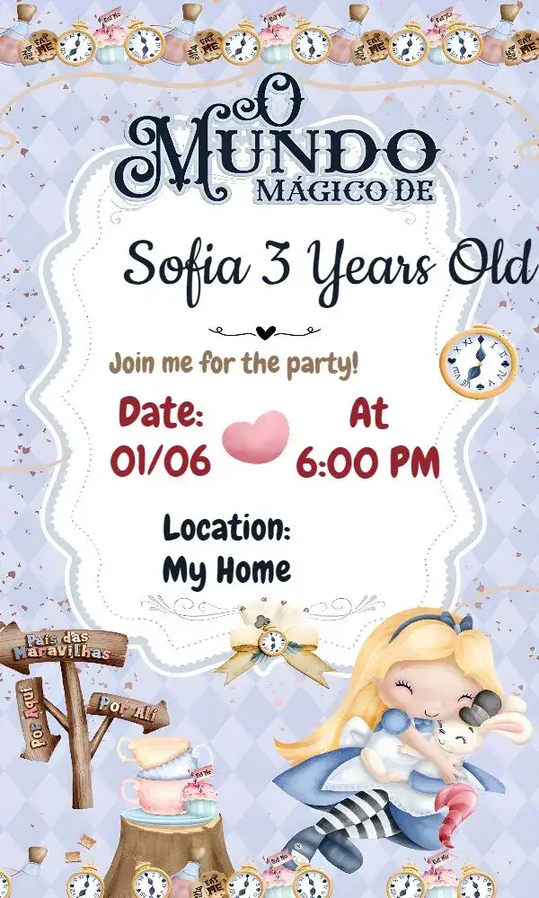 Invitation Alice In Wonderland Children's – Commemorative Dates theme colorful, fantasy, childlike illustrations, magical, vibrant, playful