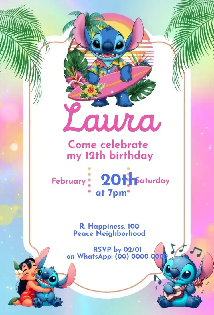 Invitation Lilo and Stitch Surf – Most searched for theme summer, beach, colorful, fun-filled, tropical, child-friendly