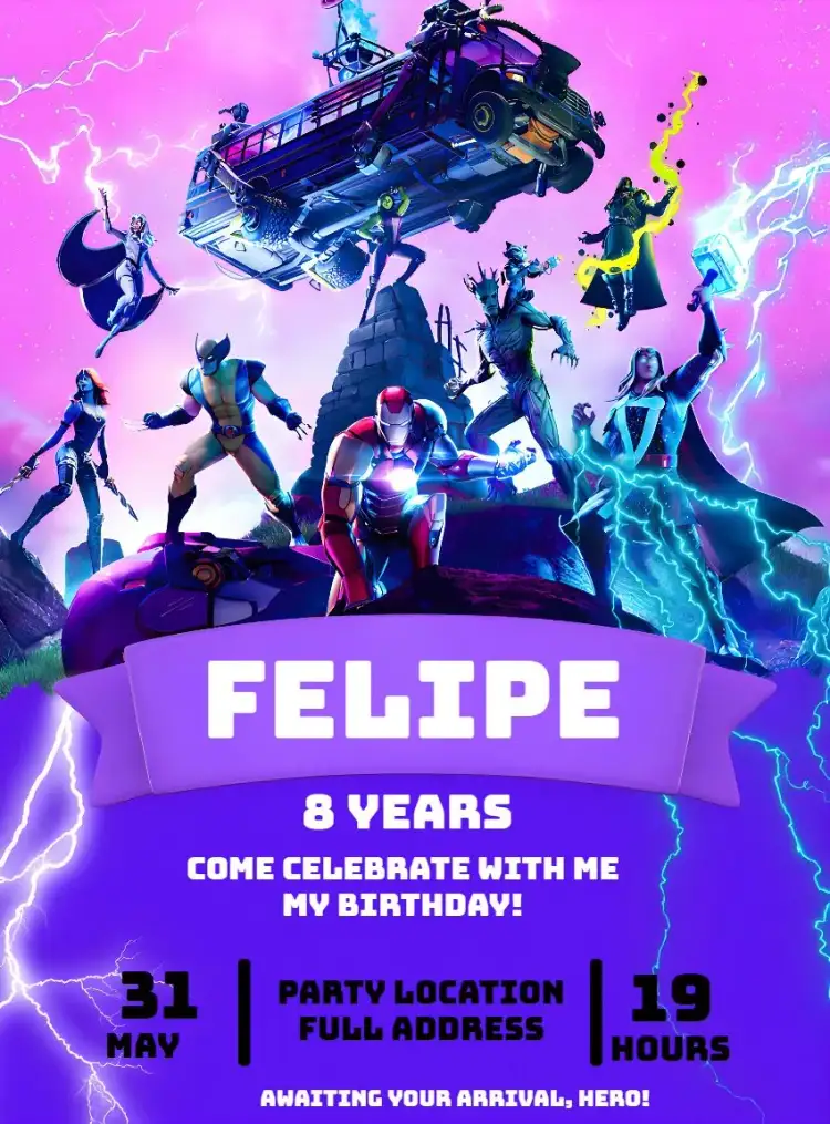 Invitation Fortnite Heroes Thor – Most searched for theme modern, colorful, video games, superheroes, dynamic