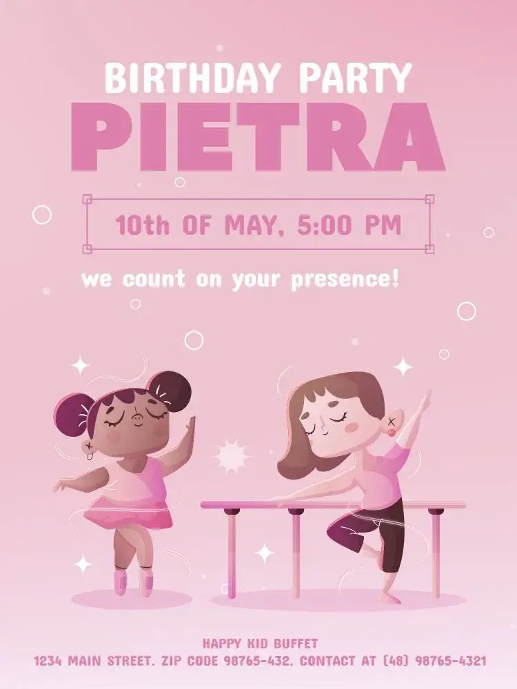 Invitation Pink Ballerina Celebration – Kids' Birthday Party theme pink, delicate, ballet, playful, feminine, light