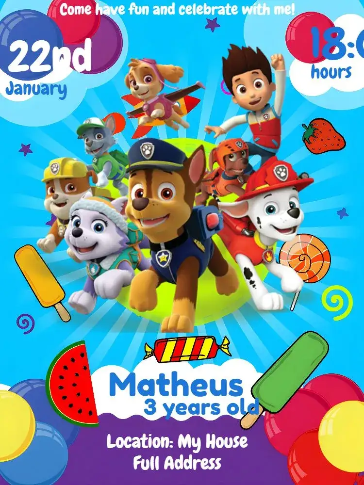 Invitation Paw Patrol Party – Kids' Birthday Party theme fun, colorful, childish, themed, modern