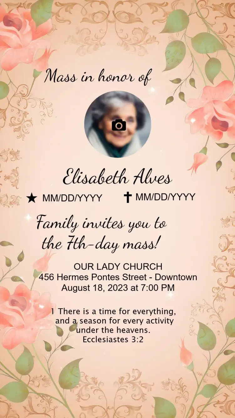 Invitation Seventh Day Mass Flowers – Commemorative Dates theme floral, delicate, minimalist, romantic, modern