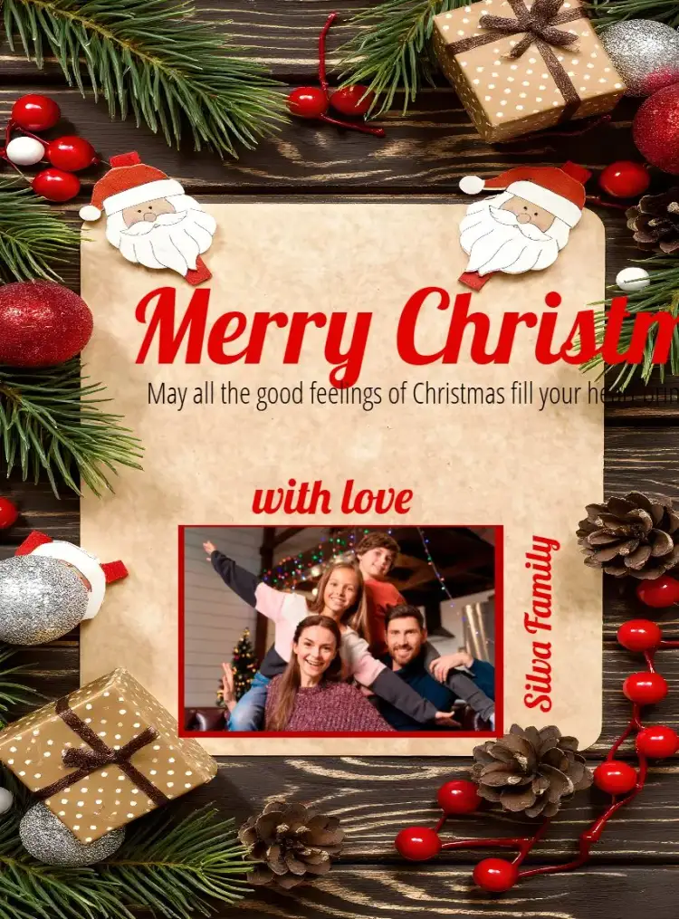 Invitation Family Christmas Card With Santa Photo – Commemorative Dates theme vibrant red, Christmas elements, floral, modern, customized, cheerful